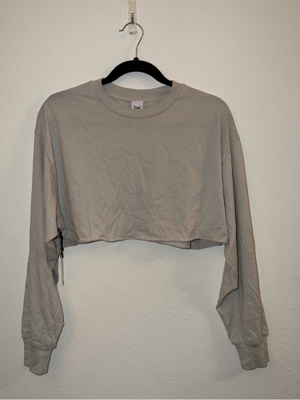 Cropped Long-Sleeve Crewneck Top in Light Taupe